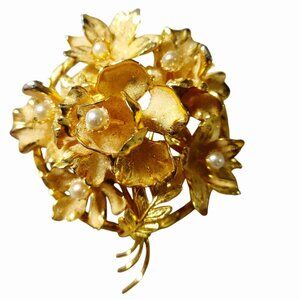 Gold Floral Brooch Vintage West Germany Faux Pearl Accents Made In Austria